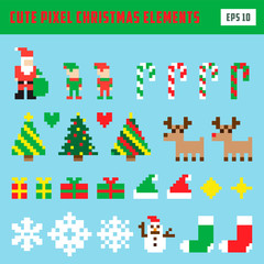 Cute Christmas elements pixel icon game set