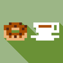 Pixel delicious coffee and donut icon game set menu  - 274489432