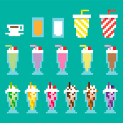 delicious retro pixel drink milkshake icon set - 274489450