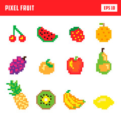 Retro pixel fruit, game icon set