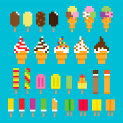 Collection retro pixel ice cream icons in vector