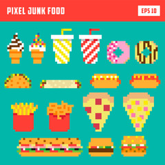 Pixel delicious junk food diner retro 8bit game set menu  - 274489494