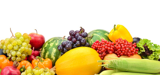 Composition fresh ripe fruits and vegetables isolated on white.