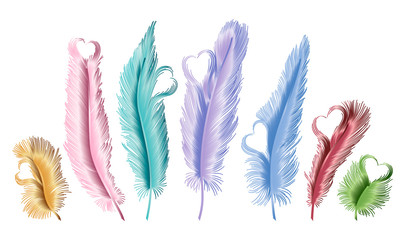 Set of isolated feathers with hearts. Vector illustration. EPS 10