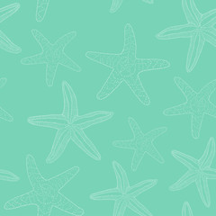 Seamless pattern with hand drawn starfish on green background. Doodle style of the marine theme.