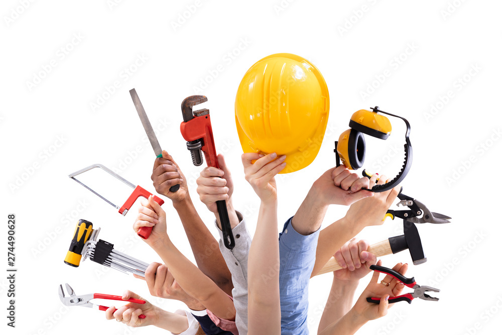 Poster group of people's hand holding carpentry tools