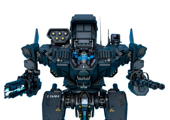 black heavy mech in a white background close up