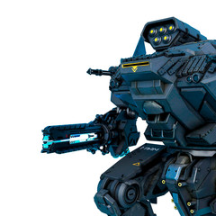 black heavy mech marching close up in a white background