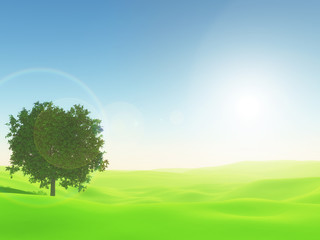 Obraz na płótnie Canvas 3D sunny landscape with tree in bright green grass