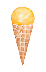 Yummy ice cream in waffle cone. Cold refreshing summertime dessert. One single portion, front view, closeup. Handdrawn water color graphic paint, cutout clipart element for creative design decoration.