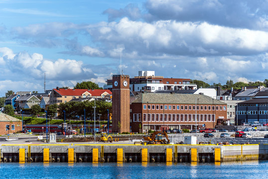 Bodo railway station in the center of the town as seen from the Fjord. Nordland County.