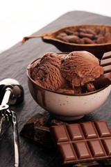 Chocolate coffee ice cream ball in a bowl. ice cream scoop