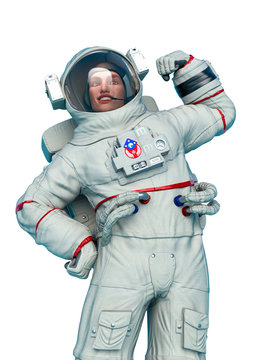astronaut doing a power force pose in a white background