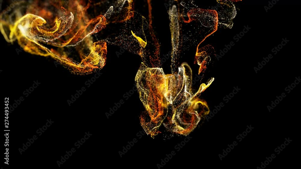 Poster luminous particles fly in liquid, 3d ink effect of advection. glow particles move in a stream of liq