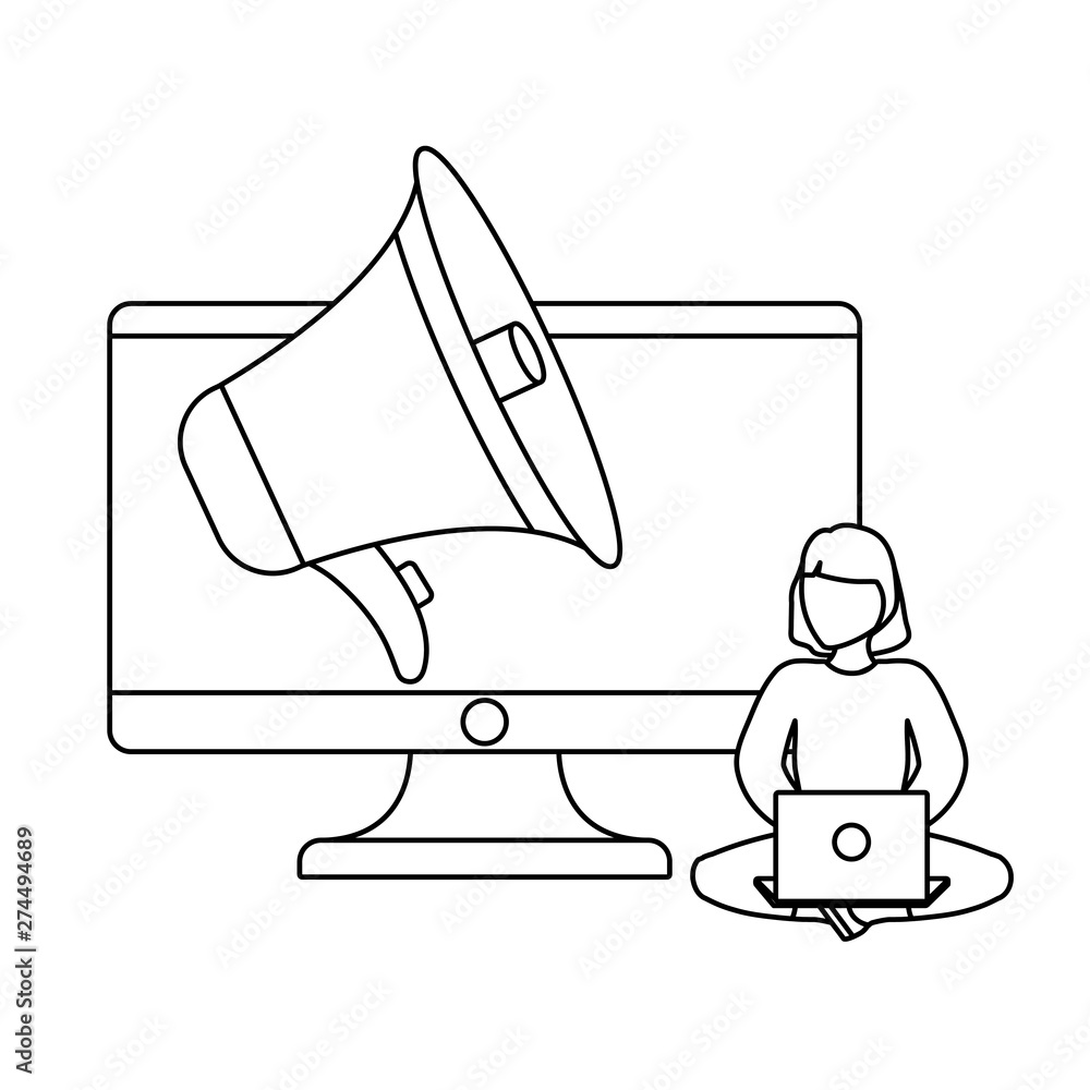 Poster woman seated using laptop with monitor and megaphone