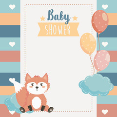 card of cute fox animal with balloons and cloud