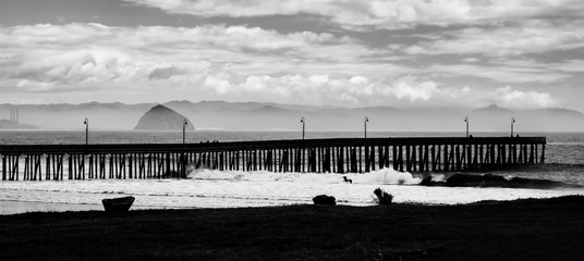 Black and White Pier Seascape with Surf Clouds and Morro Rock