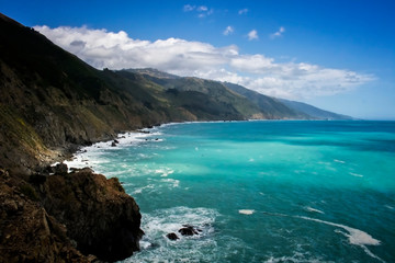 California Seascape on Highway 1 with Sunlight on Turquoise Ocean