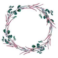 Watercolor wreath of eucalyptus branches.