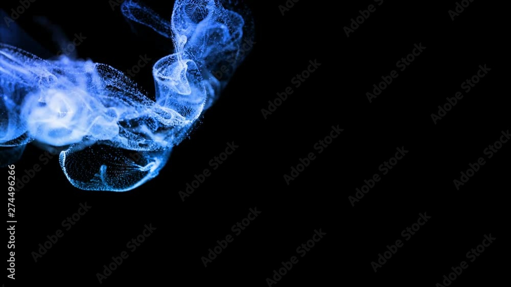 Poster luminous particles fly in liquid, 3d ink effect of advection. glow particles move in a stream of liq