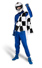 Determined race driver in blue white motorsport overall shoes gloves integral safety crash helmet...