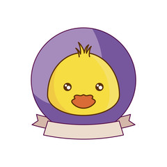 head of cute chicken in frame with ribbon