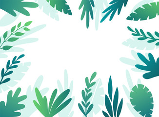Summer vector background with tropical leaves and plants branches on white background. Floral frame. Flat style vector illustration 