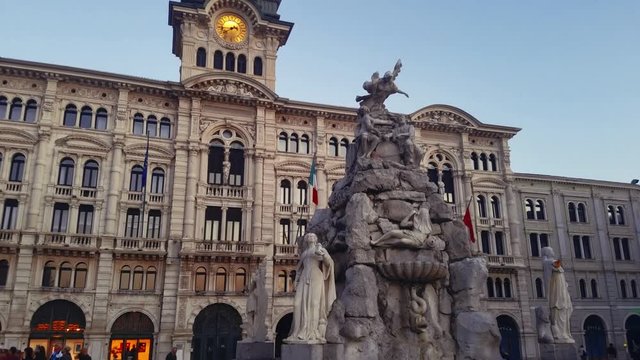  Piazza Unita D Italia, Palazzo Comunale and Fountain of Four Continents - the main square of Trieste, Italy, May 2018