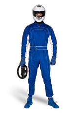 Determined race driver in blue white motorsport overall shoes gloves integral safety crash helmet...