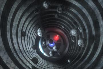 An abandoned round tunnel building in darkness, with scene of science fiction, 3d rendering.