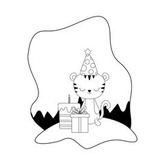 cute tiger with cake of birthday and gift box