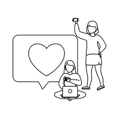 women using laptop and smartphone with speech bubble