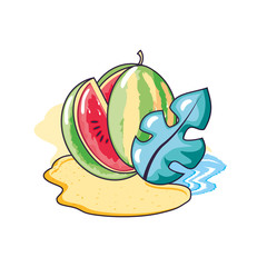 healthy watermelon fruit in the beach with leafs
