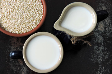 Sesame milk in a jug. Vegan drinks. Keto diet Keto drinks.