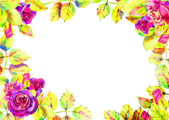 Obraz premium Flowers of dark roses, green leaves, composition. Horizontal frame orientation . The concept of the wedding flowers. Watercolor compositions for the design of greeting cards or invitations.