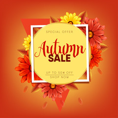 Autumn, fall sale banner, 3d flowers autumn