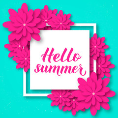 Hello summer calligraphy hand lettering with origami flowers. Paper cut style vector illustration. Inspirational seasonal quote typography poster. Easy to edit template for banner, flyer, sticker.