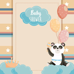 card of cute panda with crown and balloons