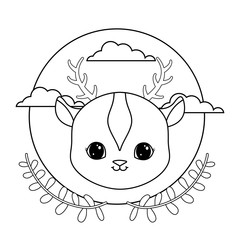 head of reindeer in frame circular with crown of leafs