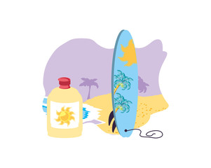 seascape scene with surfboard and solar blocker