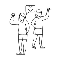 group women taking selfie with smartphone and speech bubble