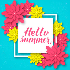 Hello summer calligraphy hand lettering with origami flowers. Paper cut style vector illustration. Easy to edit template for banner, flyer, sticker.  Inspirational seasonal quote typography poster