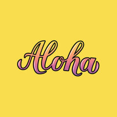 Aloha 3d calligraphy lettering on yellow background. Summer holidays concept. Hand written Hawaiian language phrase hello. Easy to edit vector template for logo design, banner, poster, flyer, t-shot.