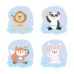 set of cute animal with rattles and diaper