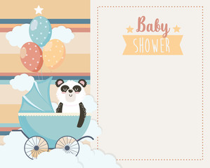 card of cute panda in the carriage and balloons