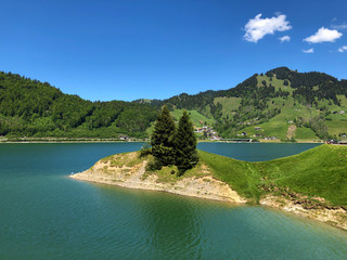 Alpine scenery of the Wagitalersee or Waegitalersee alpine Lake in the valley Wagital (Waegital), Innerthal - Canton of Schwyz, Switzerland