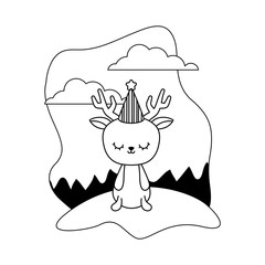 cute reindeer with hat party in landscape