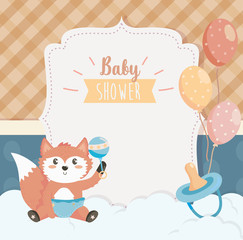 card of cute fox with rattle and pacifier