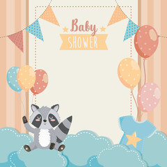 card of cute raccoon with balloons and clouds