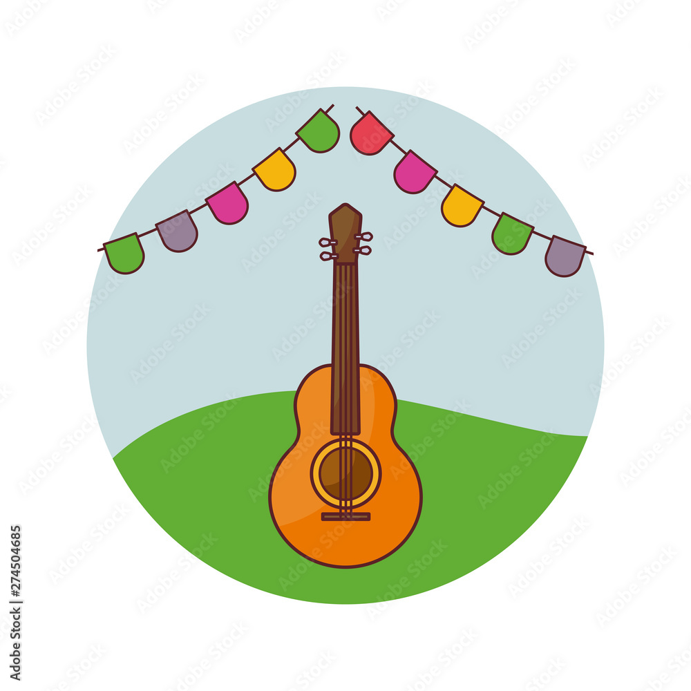 Wall mural acoustic guitar music with garlands in frame circular